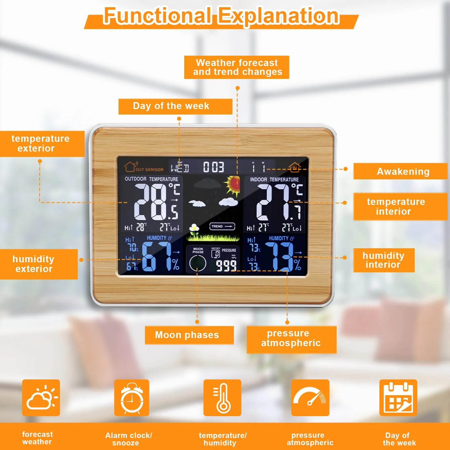 Station météo sans fil numérique avec capteur extérieur, thermomètre intérieur/extérieur, horloge, alarme, phases de lune