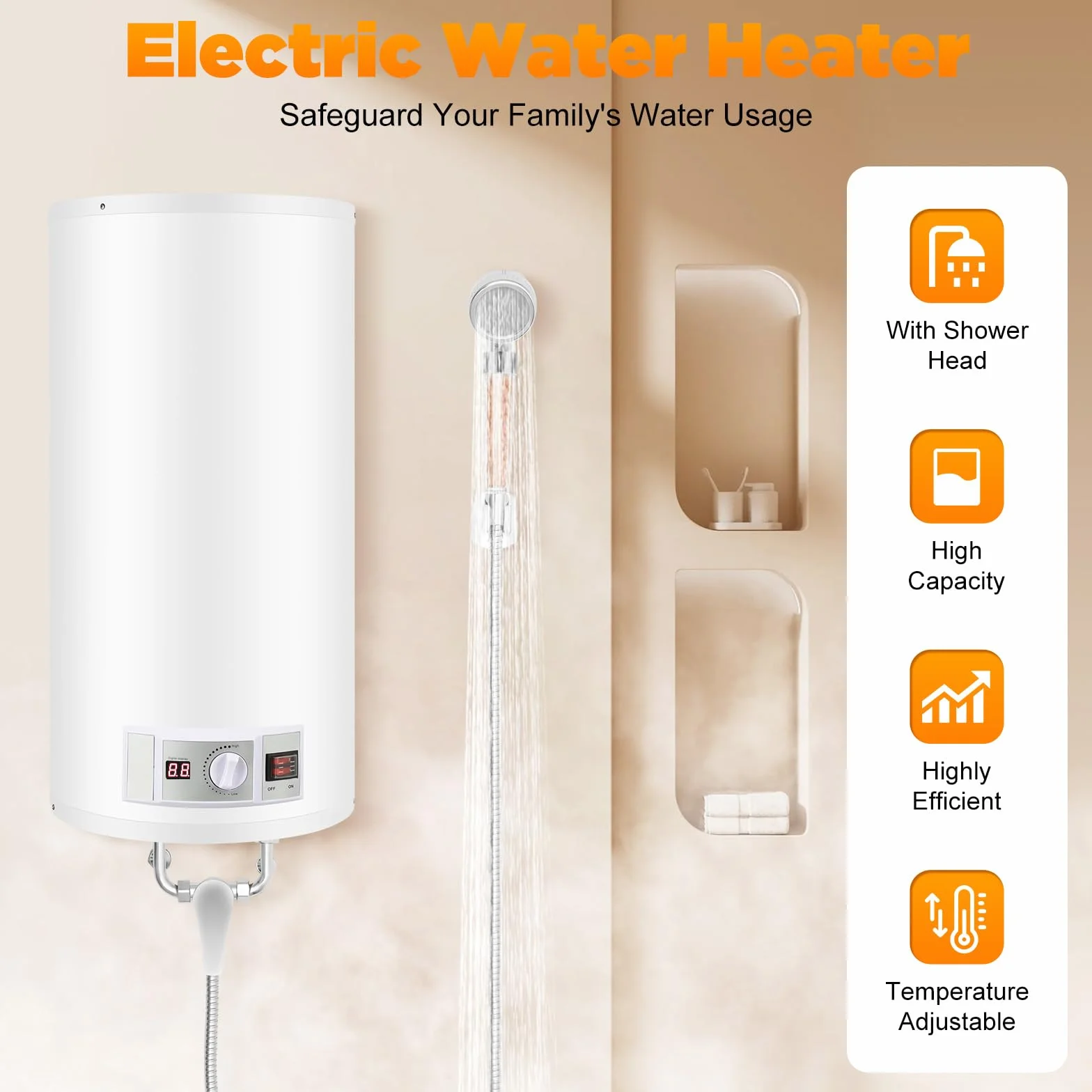 Chauffe Eau Electrique mural 80L 2000W IPX4 70x34cm stockage eau chaude