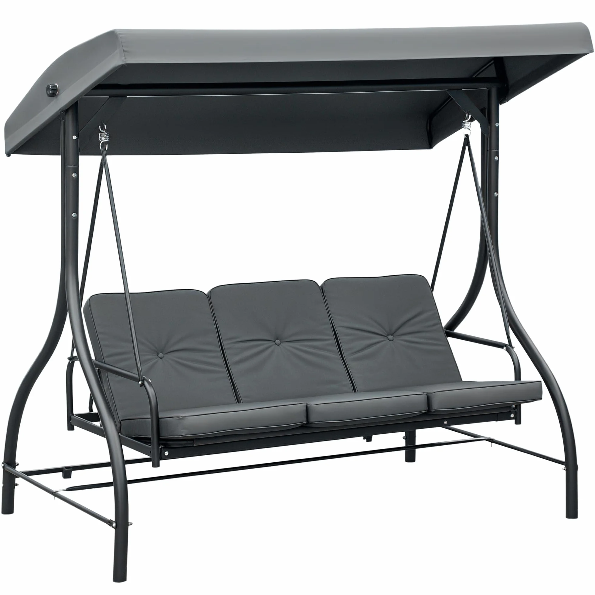 Outsunny Balancelle de Jardin 3 Places Convertible Toit réglable Matelas 7 cm Gris métal époxy Noir