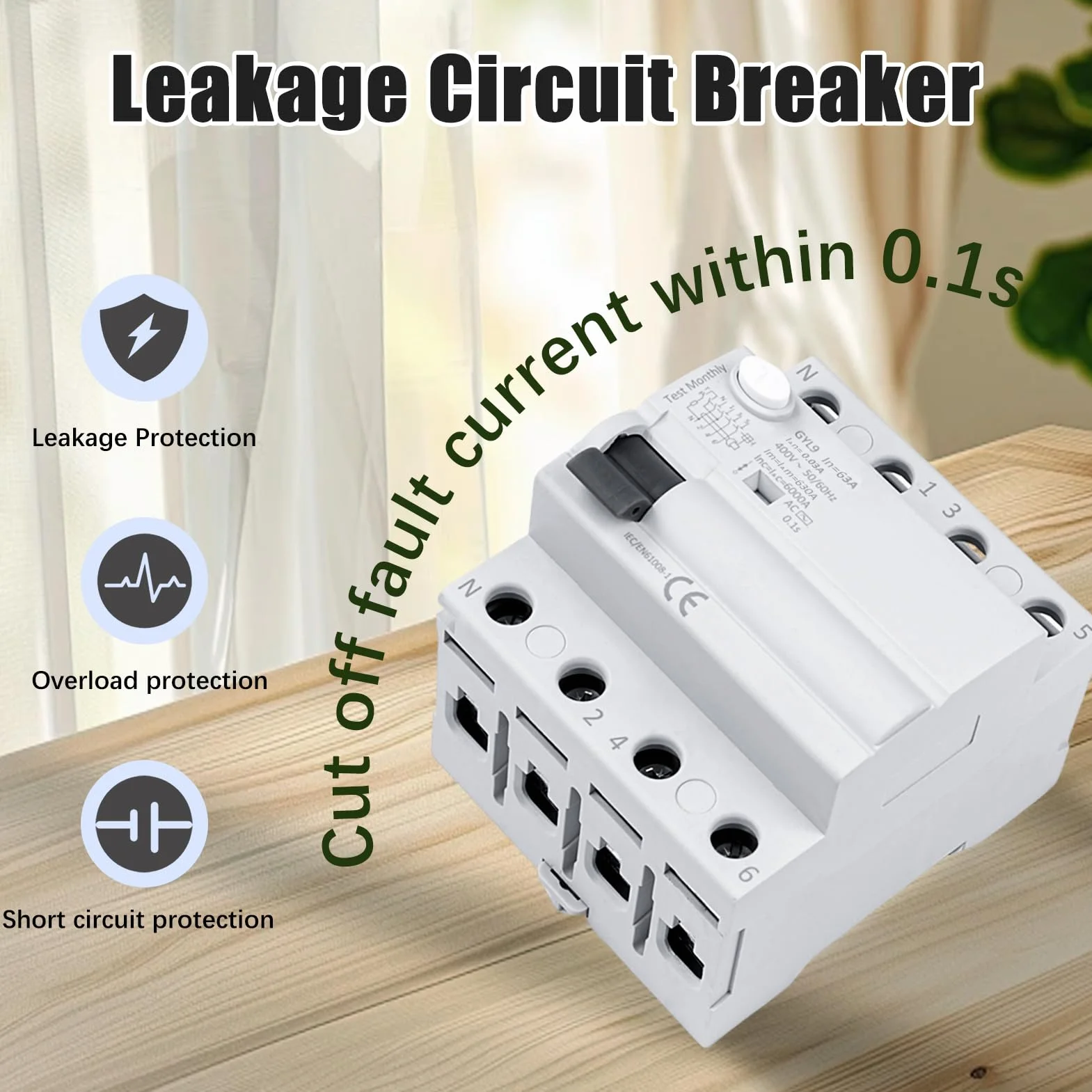 Disjoncteur différentiel 63A 30ma Interrupteur différentiel 4P type AC Disjoncteurs électriques AC 380V, Schützt persönliche Sicherheit und verhindert Geräteausfälle aufgrund von Kriechstrom.