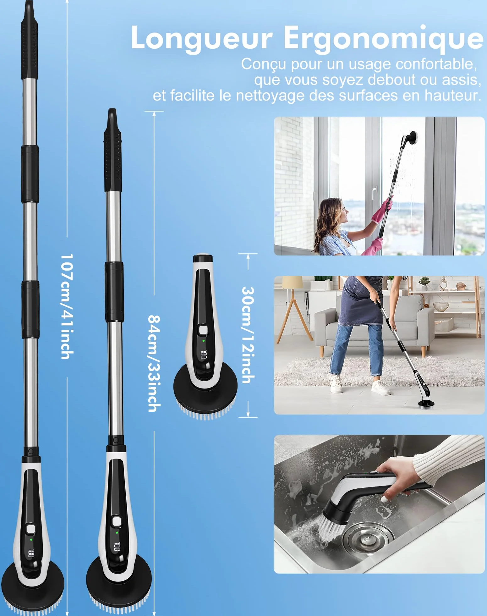 Brosse Rotative Nettoyage avec 9 Têtes, Manche Extensible 2 Vitesses, Batterie 3000mAh, Brosse Nettoyage Electrique étanche IPX8 pour Salle de Bain, Cuisine et Voiture
