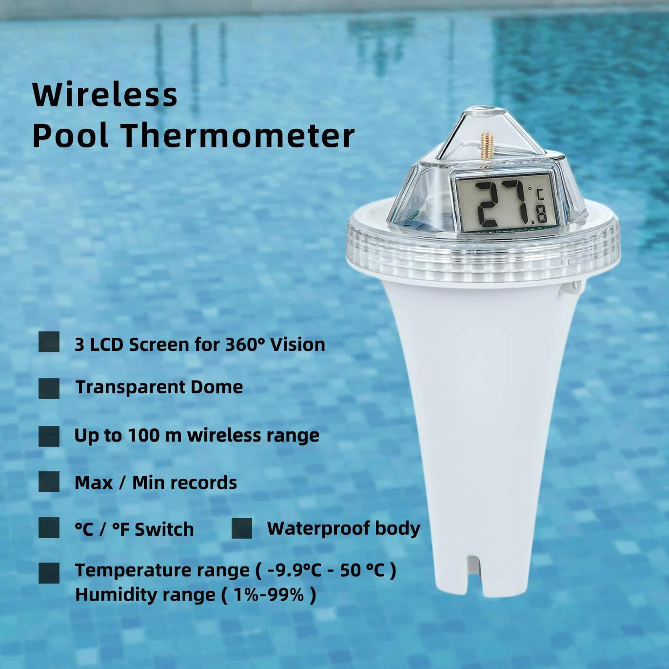 Thermomètre Flottant sans Fil pour Piscine Triple Écrans LCD Moniteur Température Eau Extérieure