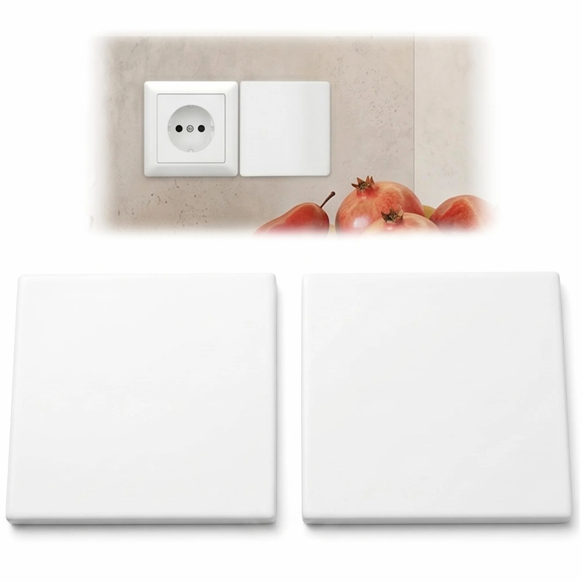 Ruvan Sans Perçage Cache-Prise Blanc Design, Lot de 2 Plaques d'Obturateur Autocollantes 86x86mm, Protection de Mur Prise et Interrupteur, Panneau de Finition en PC pour Rénovation Maison