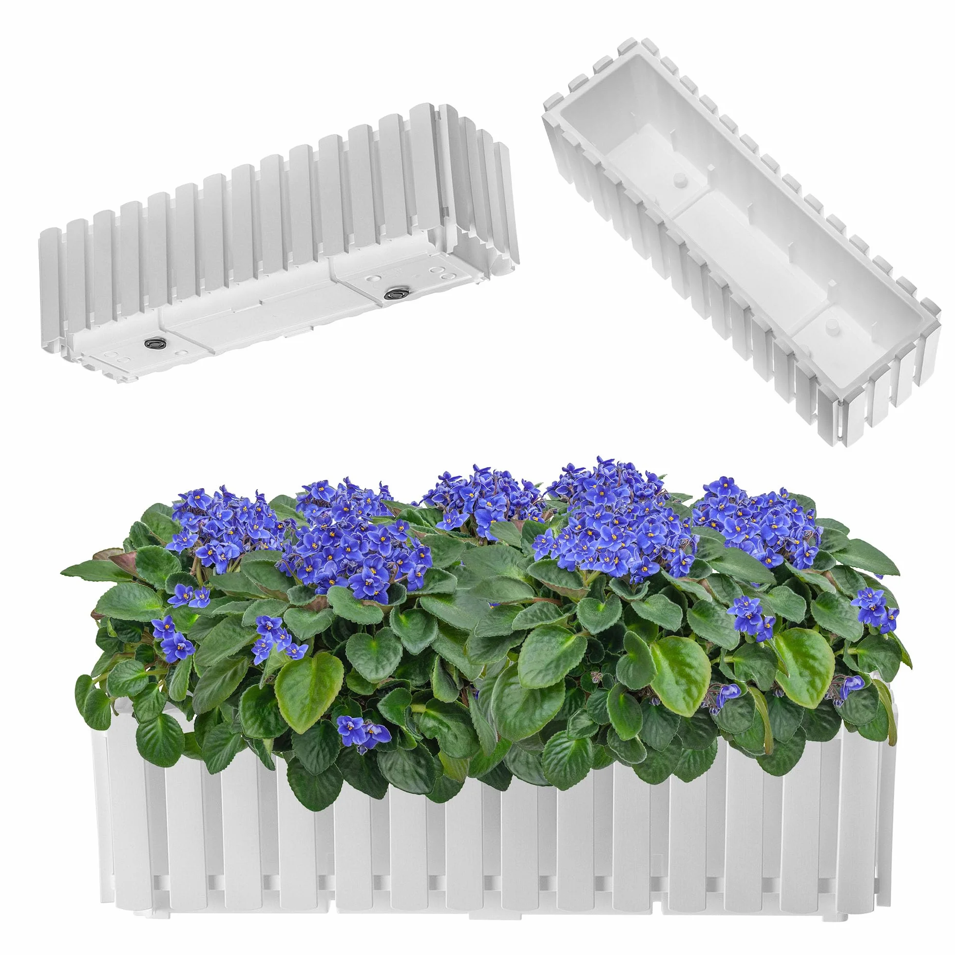 KADAX Jardinière de Balcon 60 cm Pot de Fleurs Aspect Lattes avec Bouchon Caoutchouc Blanc