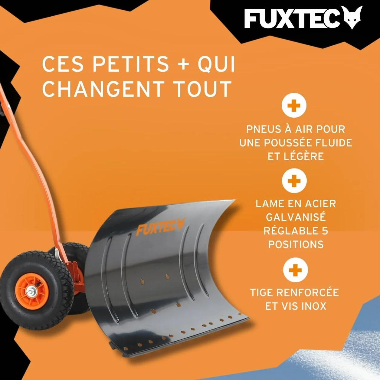 FUXTEC Pelle à Neige sur Roues Pliable 75 cm Largeur de Travail Hauteur 42 cm Hauteur réglable Angle de poussée réglable