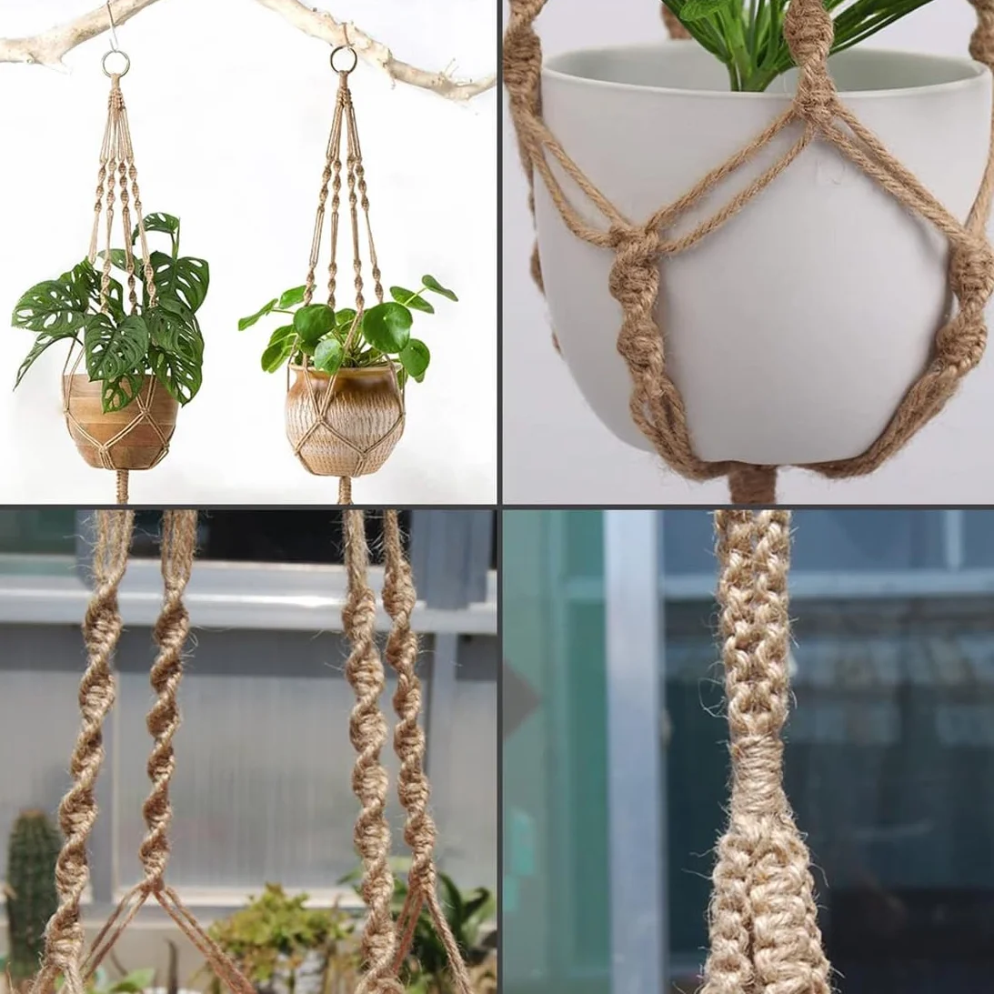 Macramé Pot Suspendu avec Frange, Porte Pot de Fleurs Suspension Plante pour Décoration Jardin Style Bohême 2 Pièces
