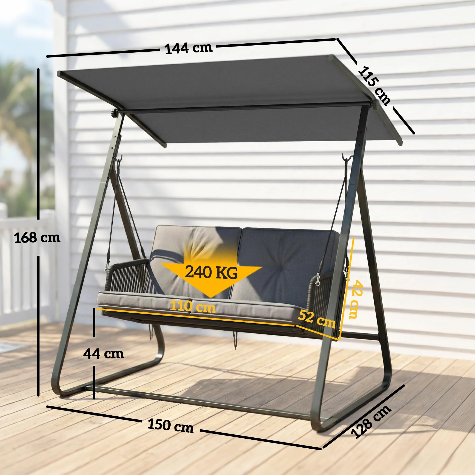 Outsunny Balancelle de Jardin 2 Places Résine Tressée Toit Réglable Coussin Épais Cadre Acier Charge 240 kg Gris 150x128x168cm