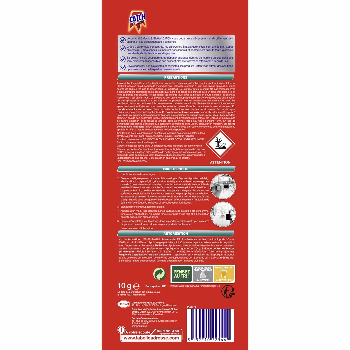 Catch Anti cafards Gel Seringue Insecticide 10 GR LOT DE 3