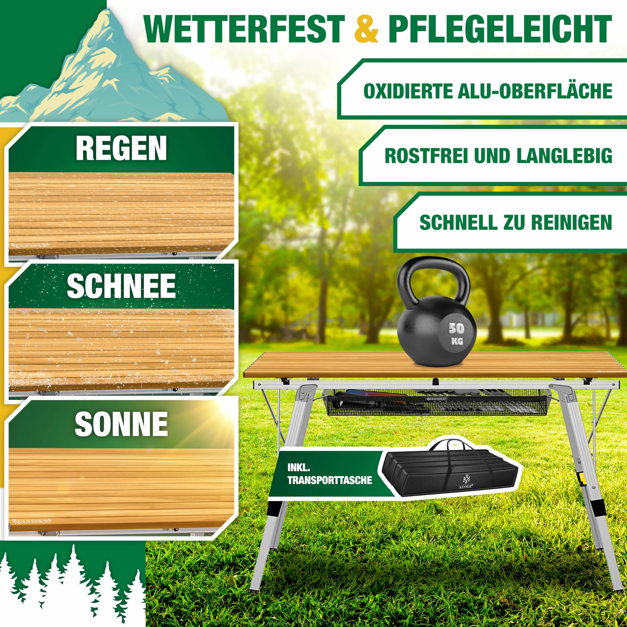 KESSER Table de camping pliable aluminium 120x70 cm réglable 100 kg avec sac de transport