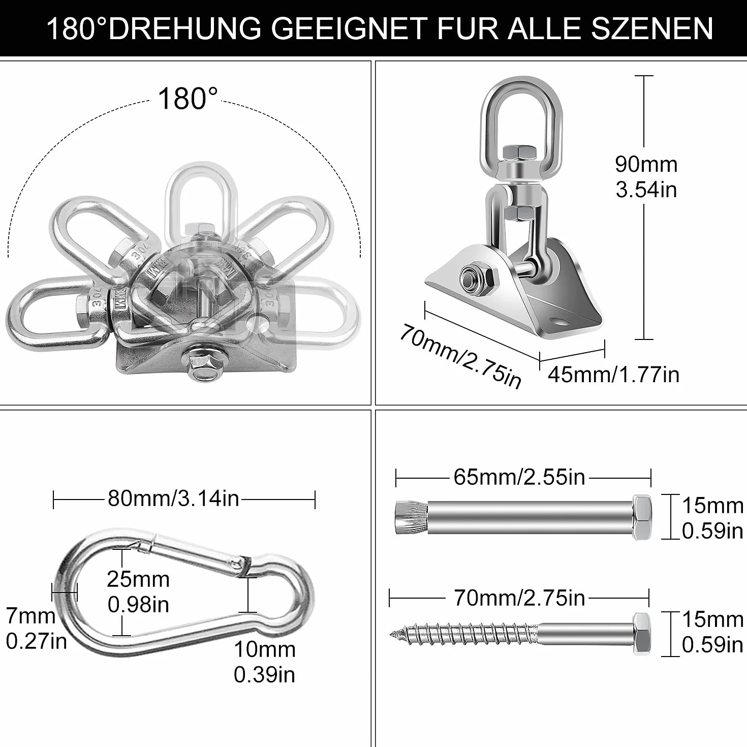 SWAWIS Crochet de Plafond Fauteuil Suspendue 450KG 360° Rotation Acier Inoxydable avec Vis et Mousqueton