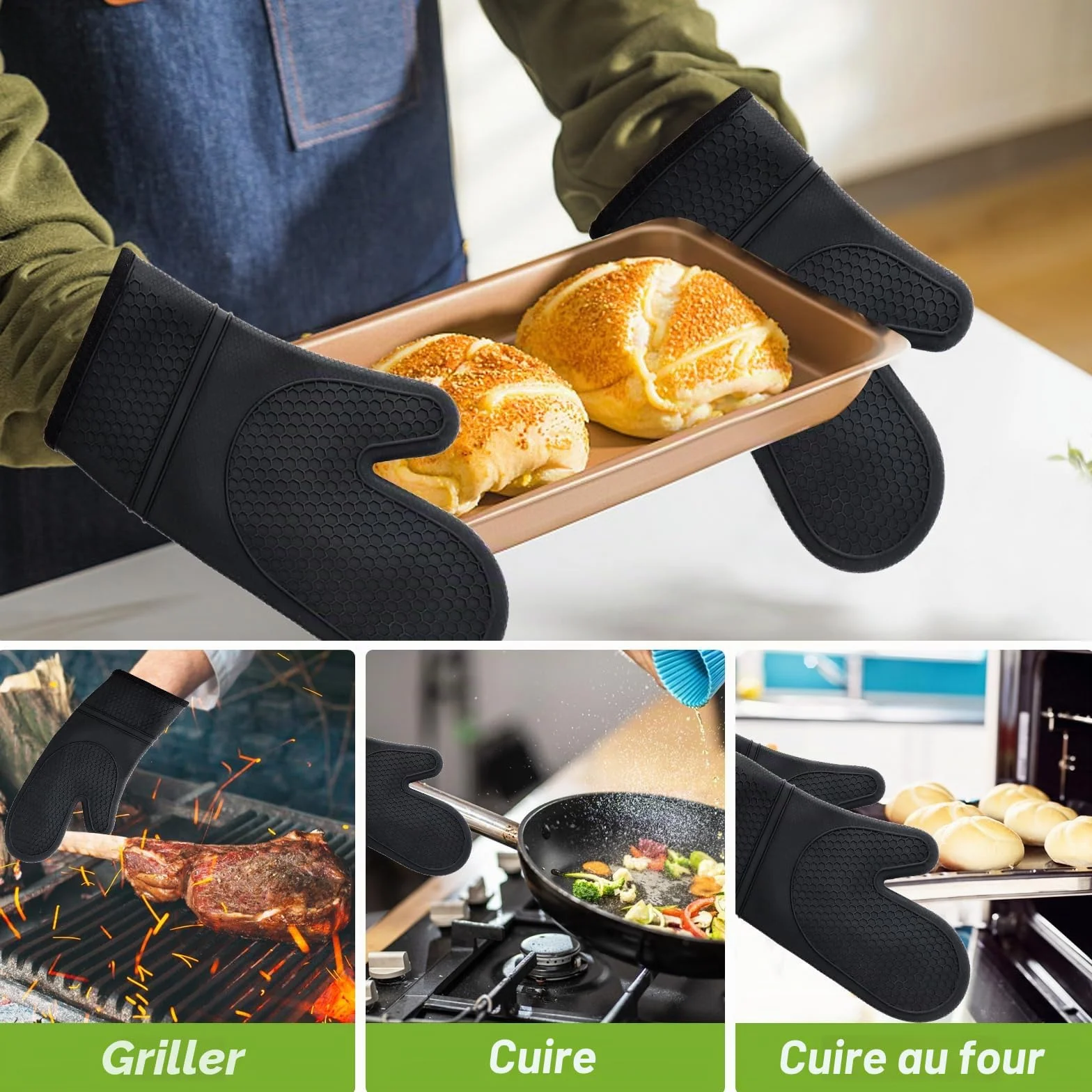 Gants de four résistants à la chaleur 300°C, set de 2 maniques silicone pour cuisine BBQ