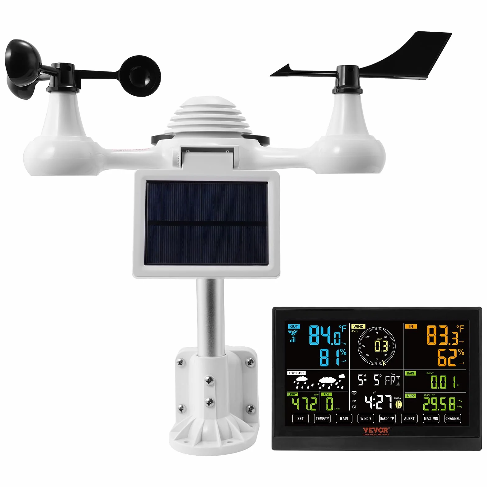 VEVOR Station Météo Wifi 7 en 1 Sans Fil Intérieur Extérieur Solaire Grand Écran 7,5 po Capteur Température Humidité Vent Pluie