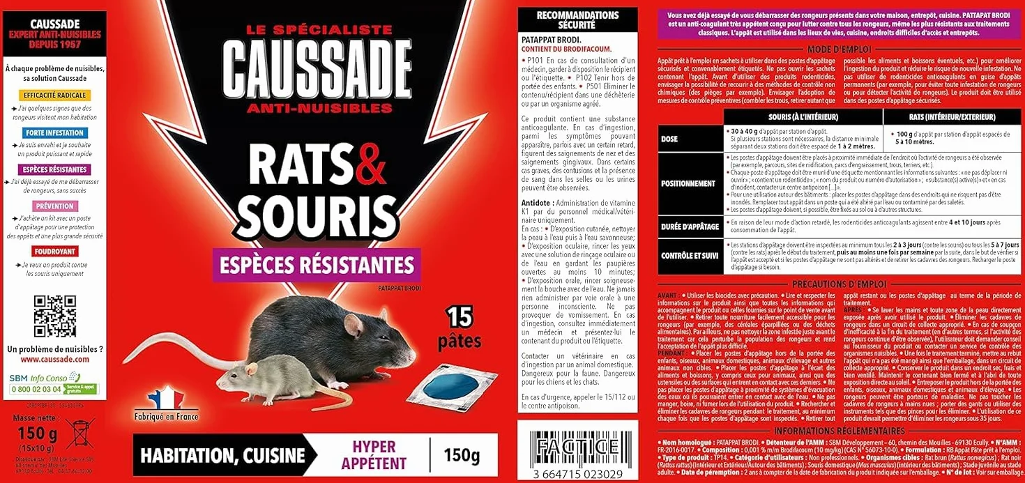 Caussade Anti Rats & Souris 15 Sachets pâtes 150g Espèces résistantes Lieux secs & humides
