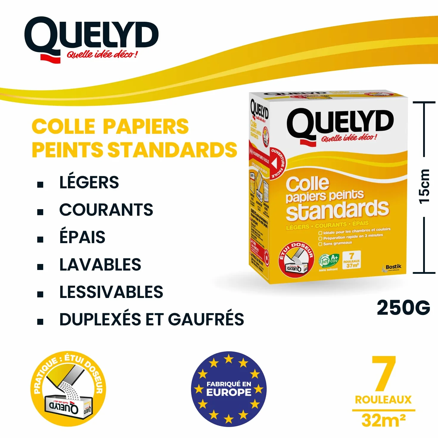 Quelyd Colle Papiers Peints Standards – Idéale pour Chambres et Couloirs – Prête en 3 Minutes – Dosage Ultra Facile – Sans Grumeaux – Sans Solvant – Poudre 250 g (7 rouleaux)