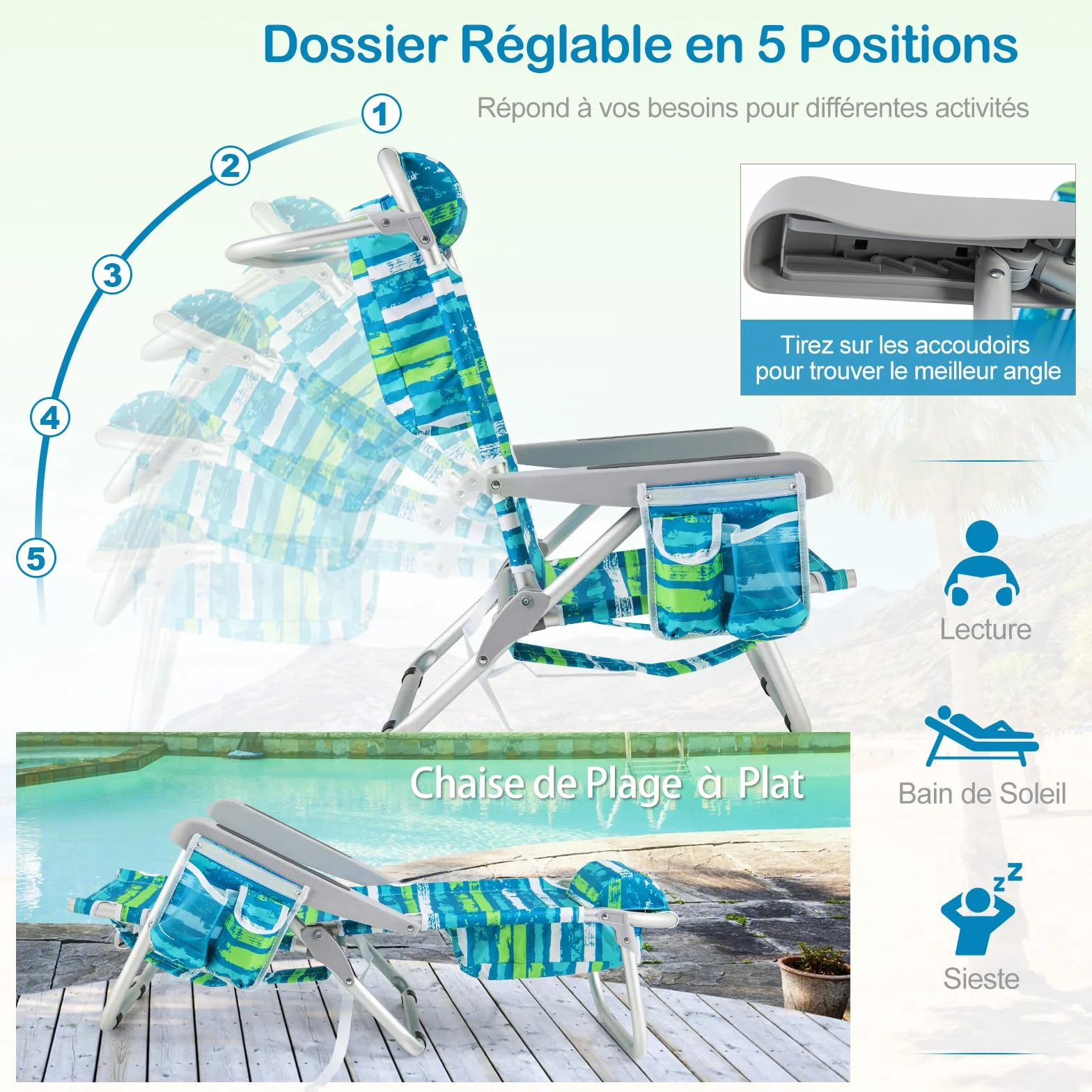 COSTWAY Chaise Longue Pliable 5 Positions Réglable Porte-Gobelet Charge 150 kg Vert