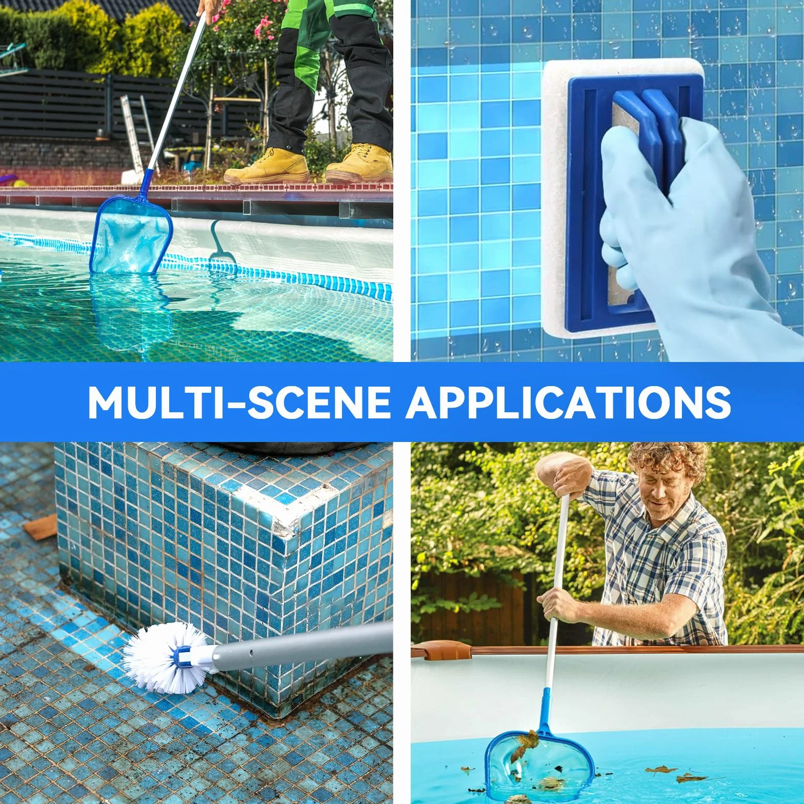 Kit de Nettoyage de Spa, Épuisette Piscine à Maille Fine, Perche Télescopique Aluminium 5 Sections, Brosse Éponge et Brosse Nettoyante