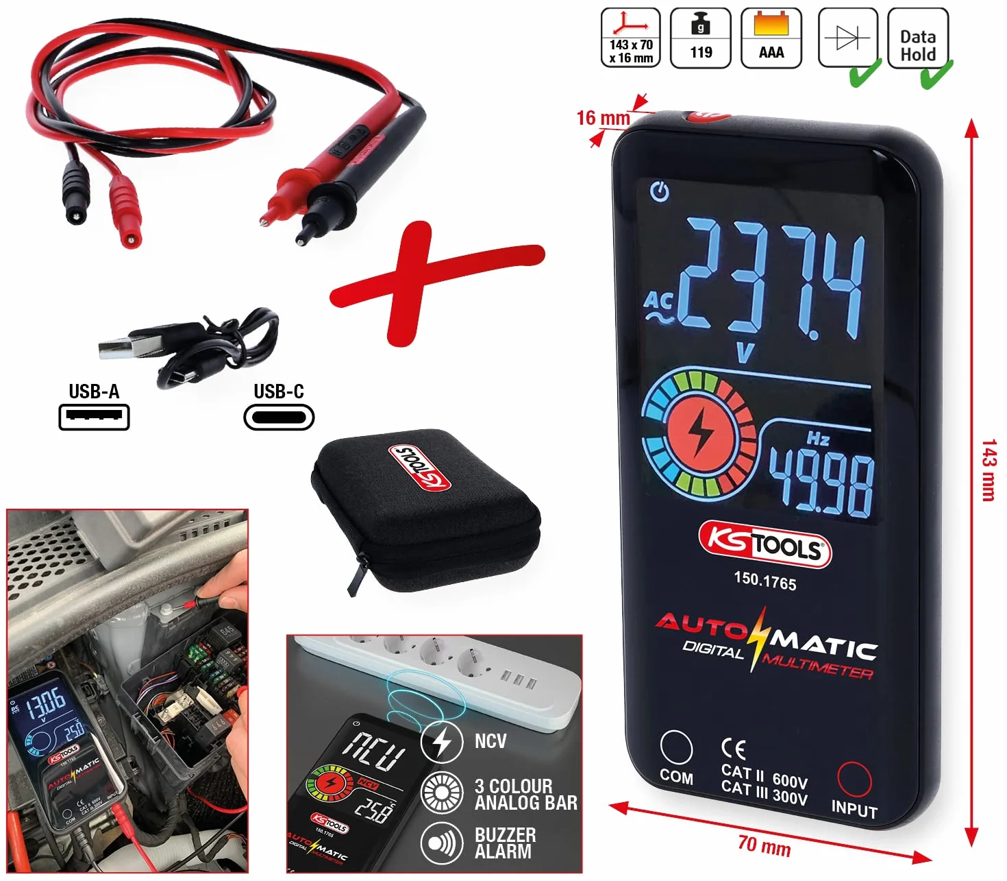KS TOOLS Multimètre numérique automatique, pointes de test incluses 150.1765