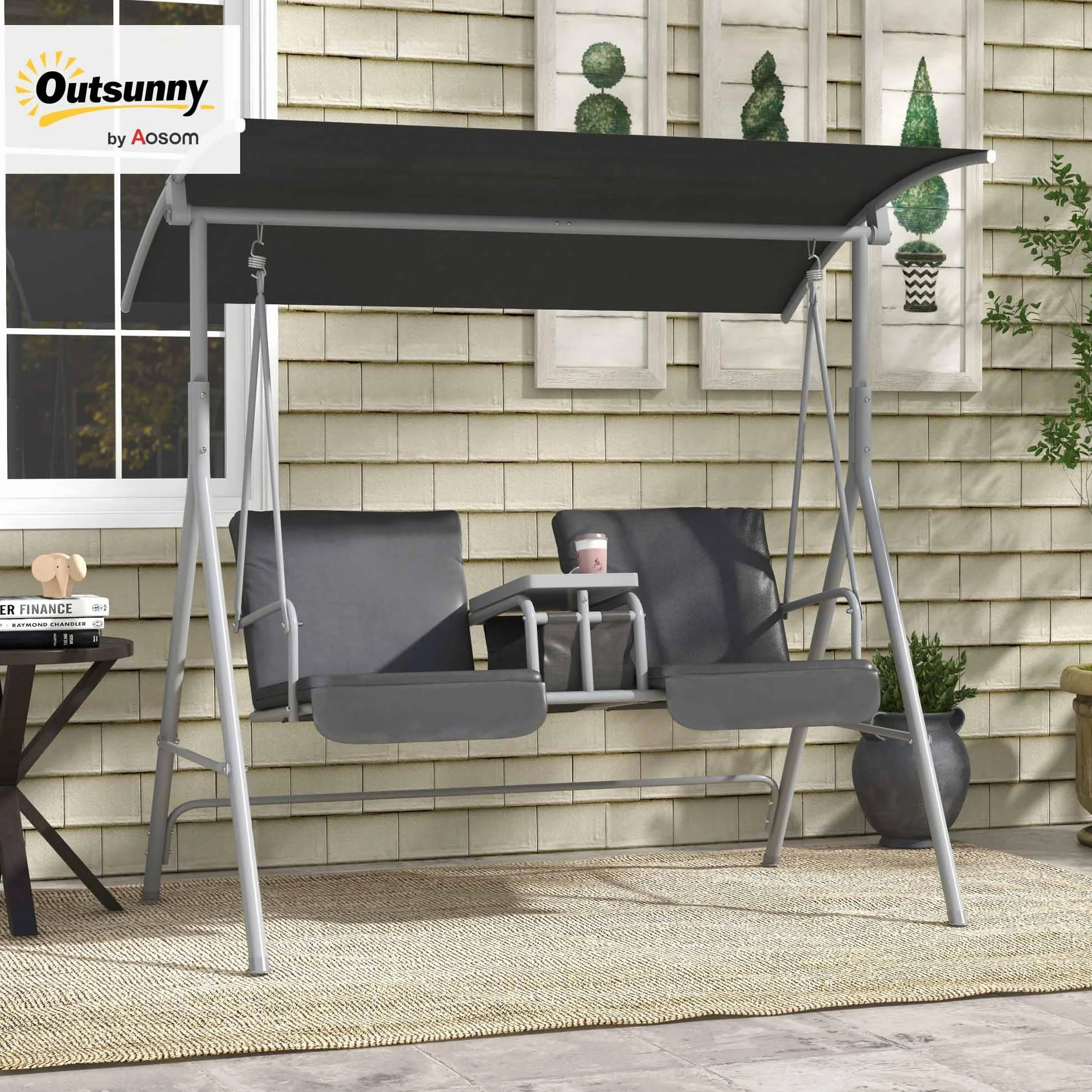 Outsunny Balancelle de Jardin 2 Places avec Auvent Inclinable Tablette Centrale 175x112x158 cm Gris