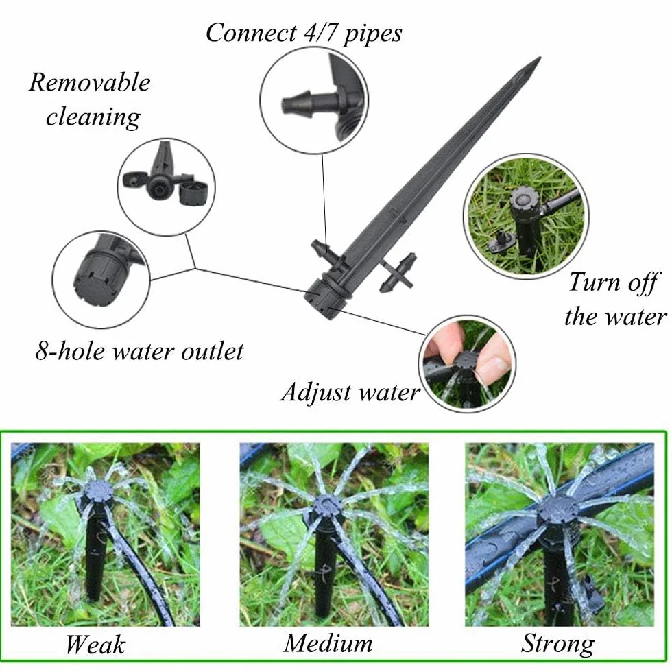 Kalolary 100pcs Micro-asperseur Irrigation Goutte à Goutte 360° 8 Trous Emetteurs pour Tube 1/4 (4-7mm) Jardin Noir
