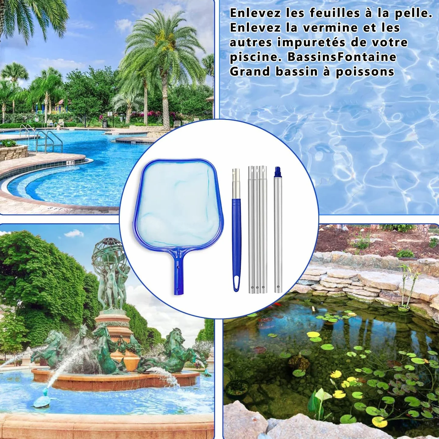 Voarge Épuisette de Surface pour Piscine 122 cm avec Manche Télescopique en Aluminium Maille Fine