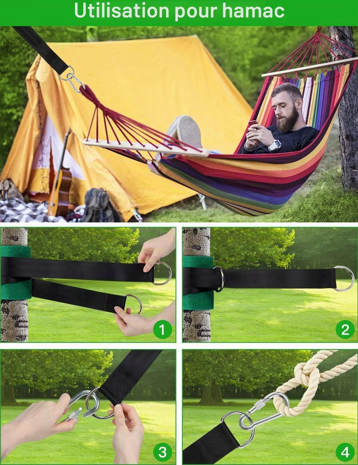 Sangle hamac arbre 2 x 150 cm D-Ring mousquetons charge max 500KG
