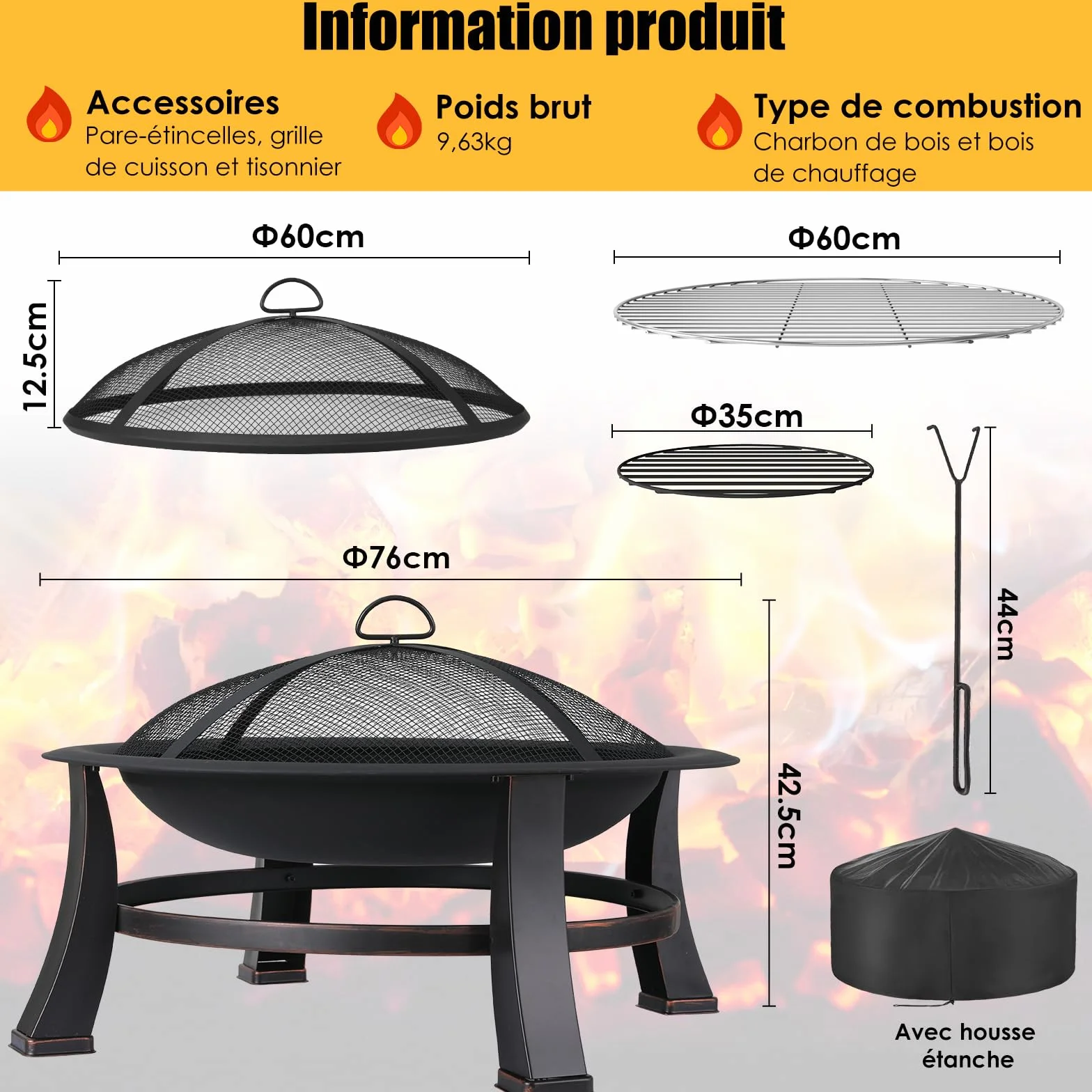 TLGREEN Brasero Exterieur Ø 76 cm avec Grille Barbecue Rétro Jardin Terrasse Foyer Extérieur Noir Grand