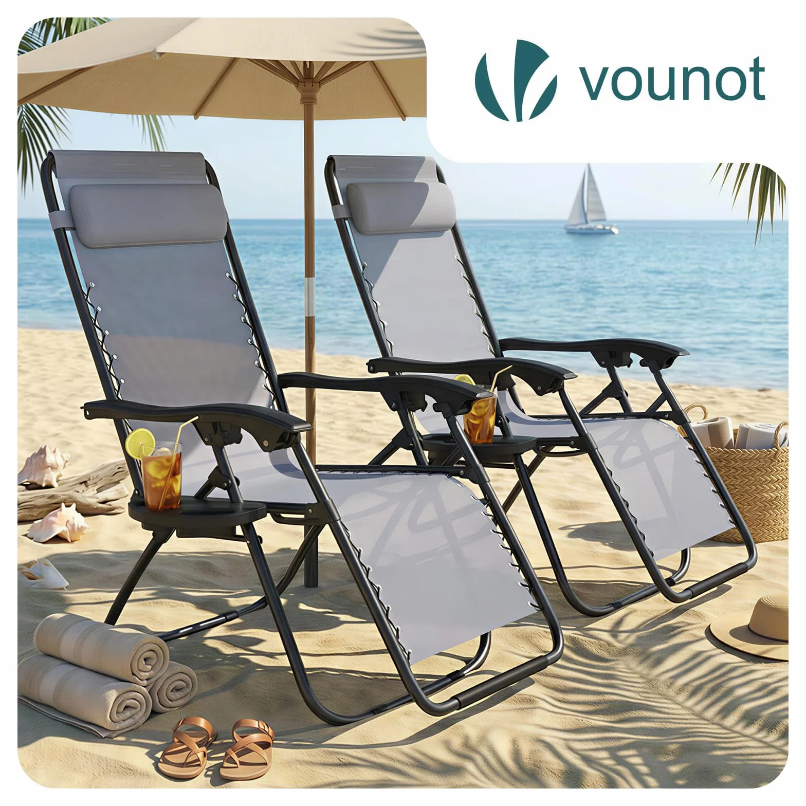 Chaise Longue Pliable Lot de 2 avec Support de Gobelet Amovible Rembourrage de Tête Charge Max 120KG Gris