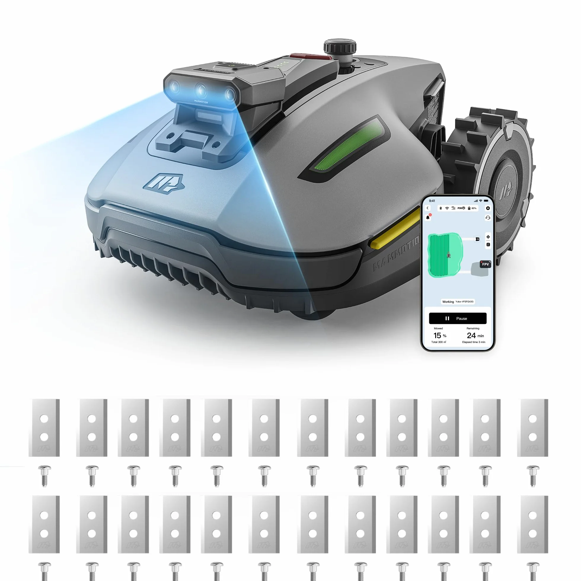 MAMMOTION YUKA Mini 2 500 Robot Tondeuse, 3 Jeux Lames, 500m², Zéro Perte Signal, AI Trois Caméras