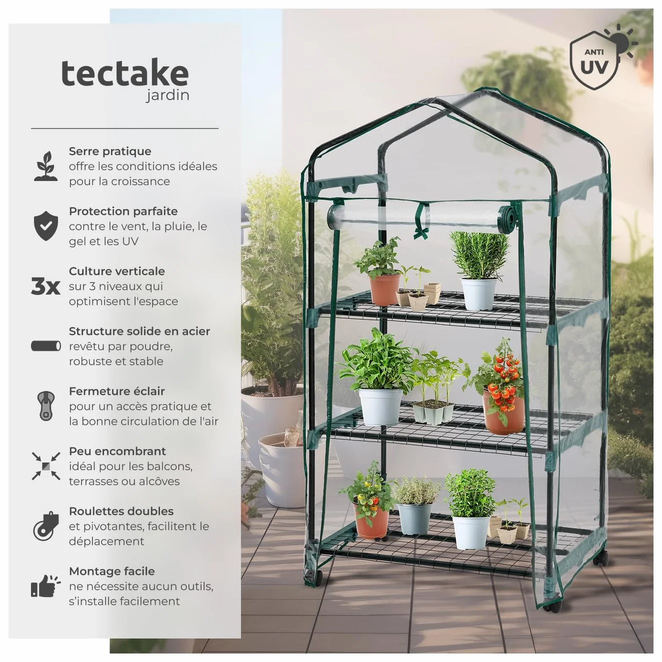 Tectake Serre de Balcon Acier Thermo-Laqué PVC Anti UV 3 Étagères 69x49x133cm
