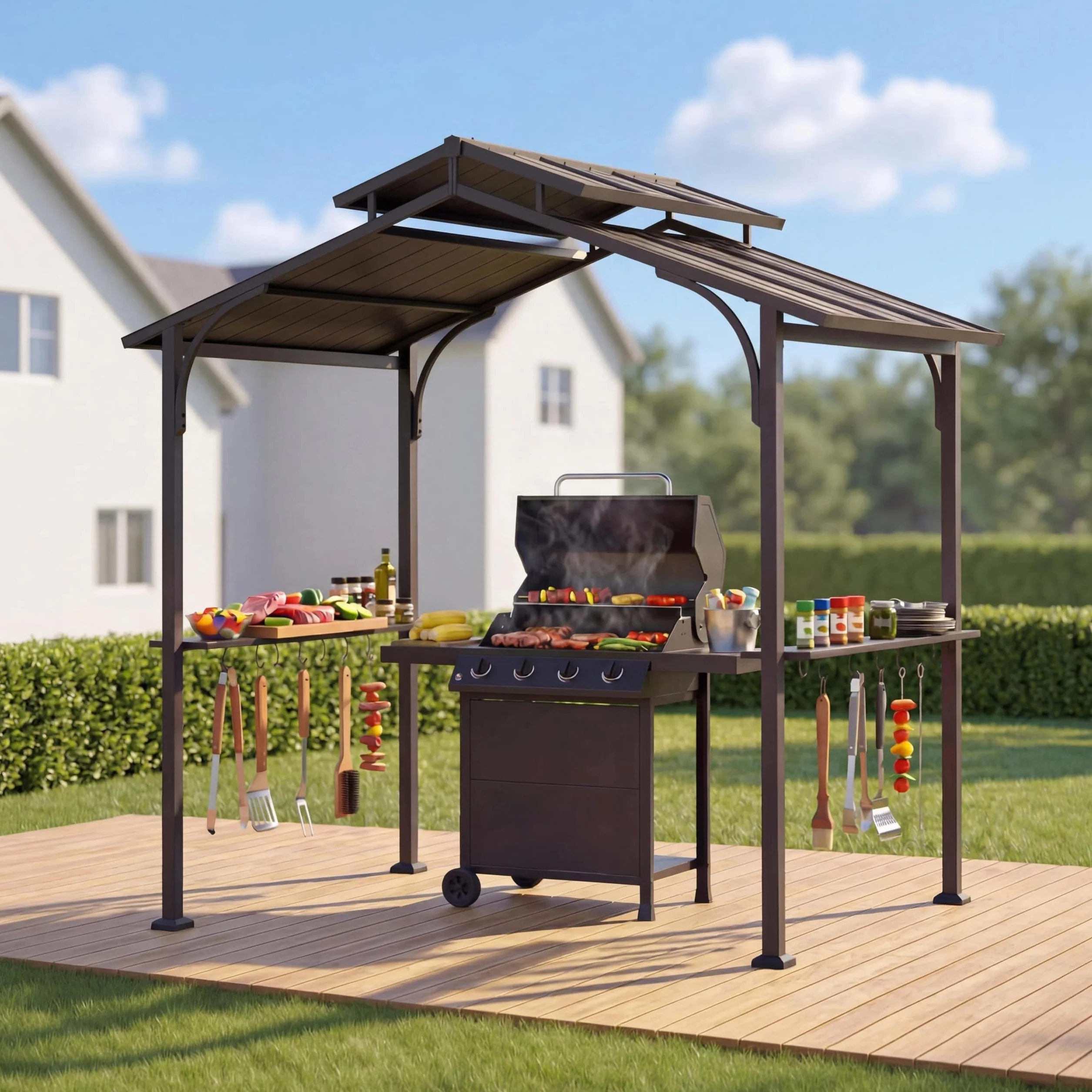 SUNJOY Tonnelle Barbecue 2,4 x 1,5 m avec 2 Étagères et 10 Crochets, Toit Double Ventilé, Structure en Acier, Abri BBQ Étanche