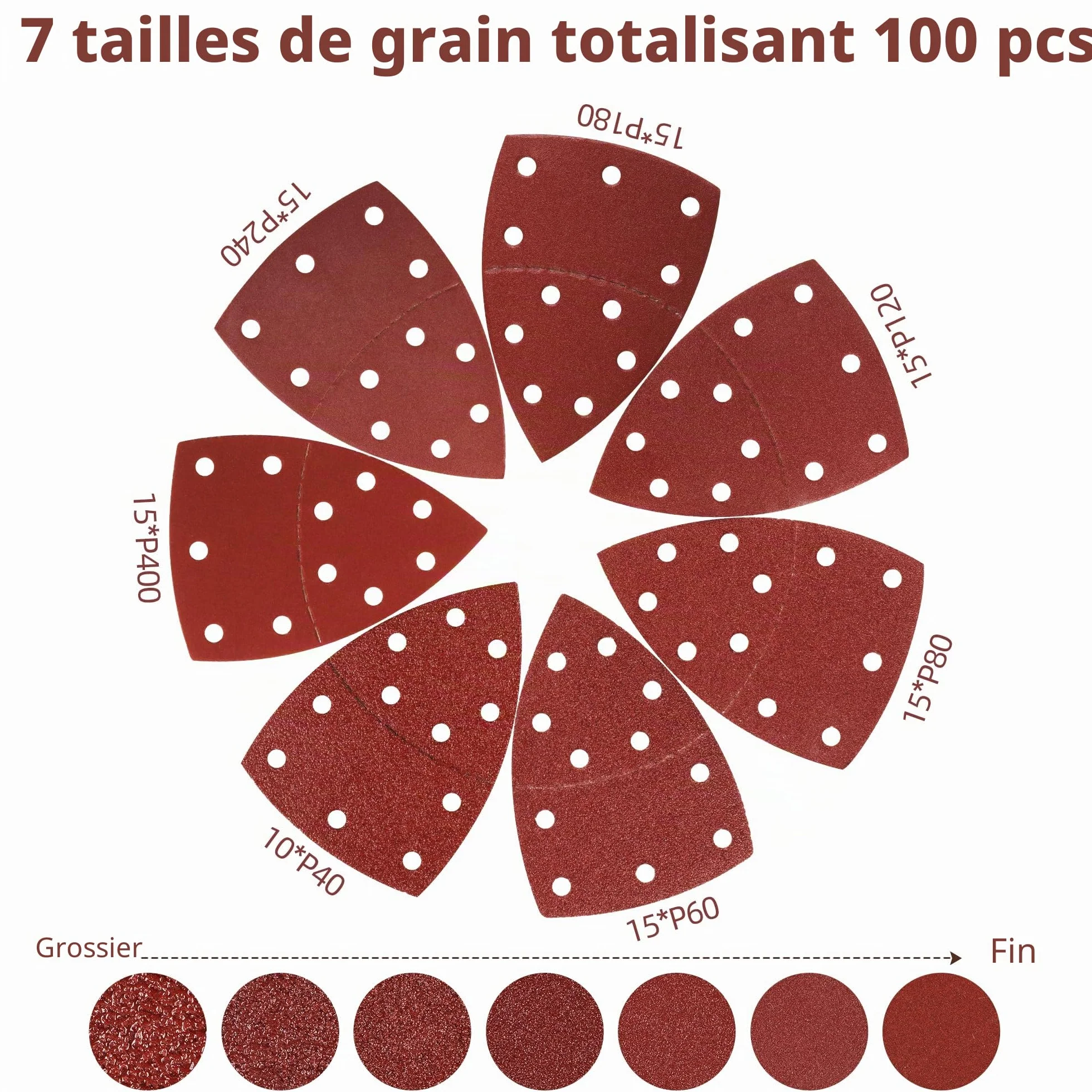 Lot de 100 Papier Abrasif pour Ponceuse, 105 mm x 152 mm, Grain P40/60/80/120/180/240/400, Triangles de Ponçage pour Bosch PSM 100A, PSM 160, PSM 200 AES, PSM 18, PDA 180, PSM 160 A