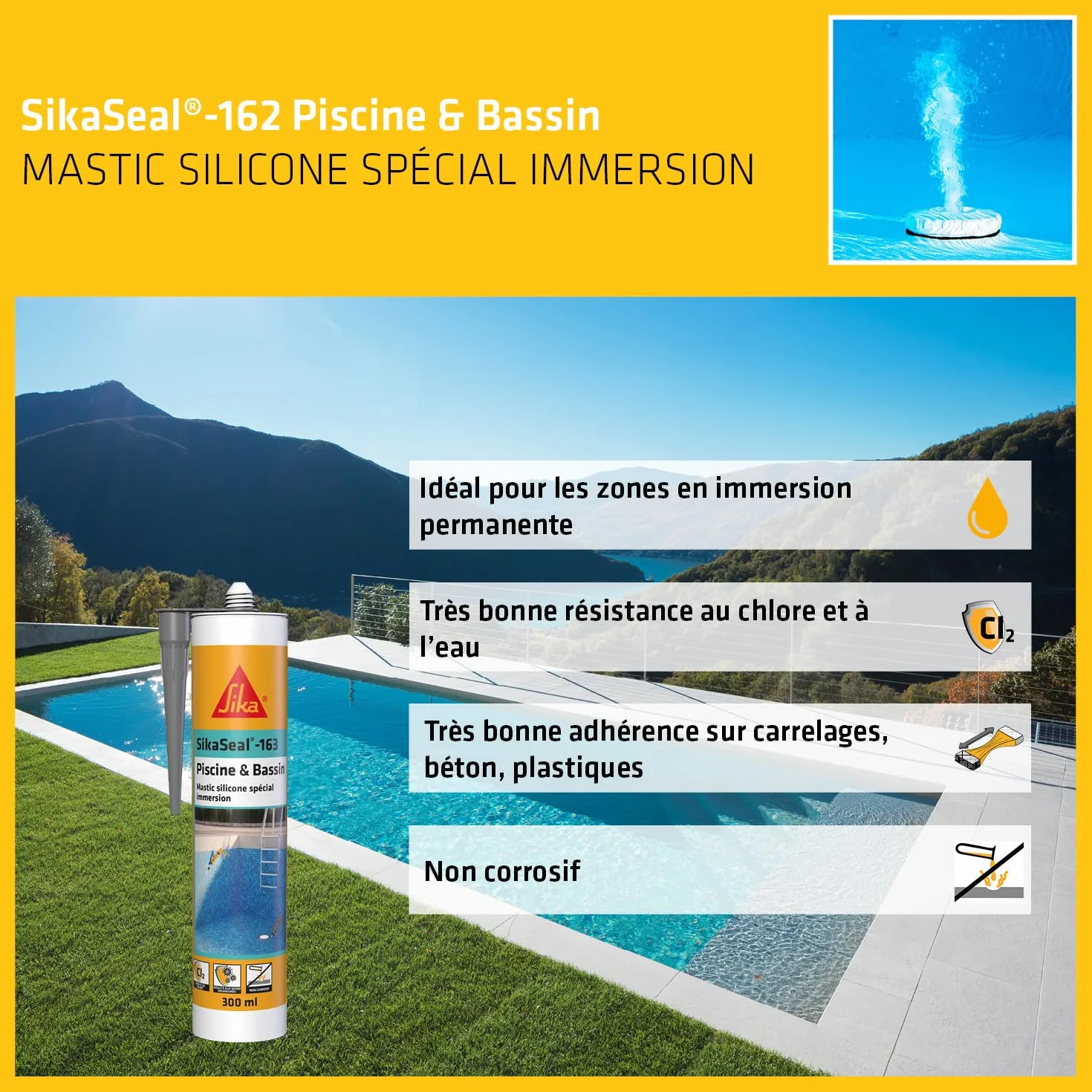 SIKA - SikaSeal 163 Piscine & Bassin, Mastic silicone spécial joint pour piscine, Idéal pour une immersion permanente, Resistant au chlore, Multi-support, 300ml Gris (Sikasil Pool)