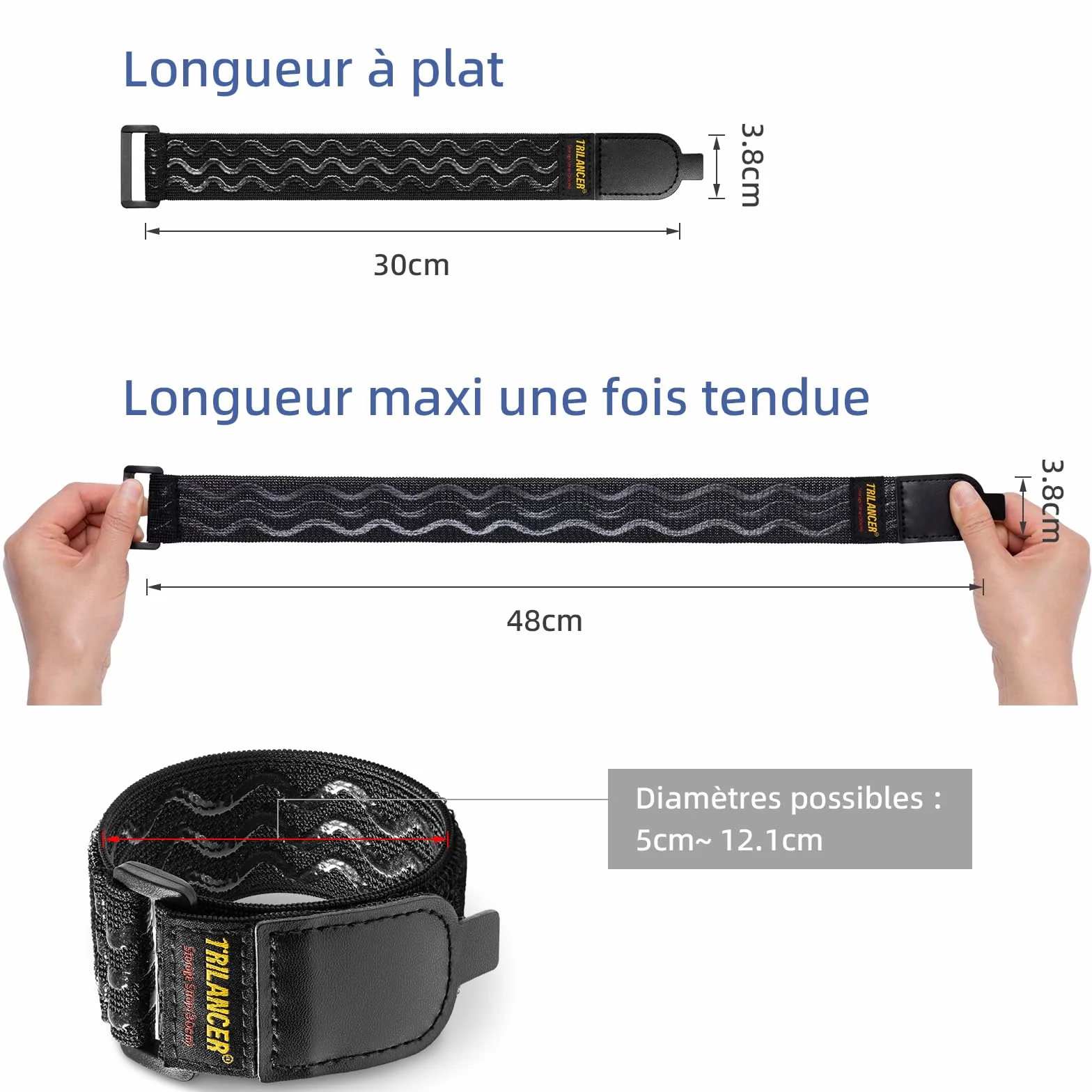 Trilancer Sangle Elastique avec des Bandes Anti-dérapantes, 30 x 3.8cm (8 Pièces) Résistant Polyvalent Sangles Scratch avec Languette Facile à Tirer pour Rallonges,Câbles,Cordes,Tuyaux d’arrosage,Vélo