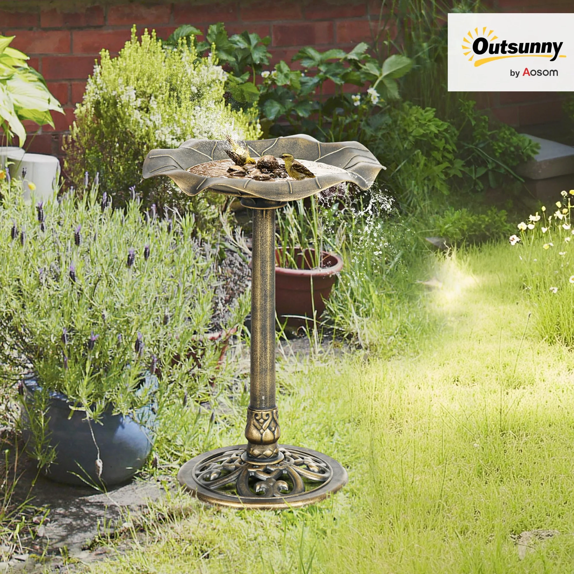 Outsunny Bain d'oiseaux Abreuvoir Mangeoire Bassin Feuille de Lotus Ø 50 x 71H cm Polypropylène Bronze Antique