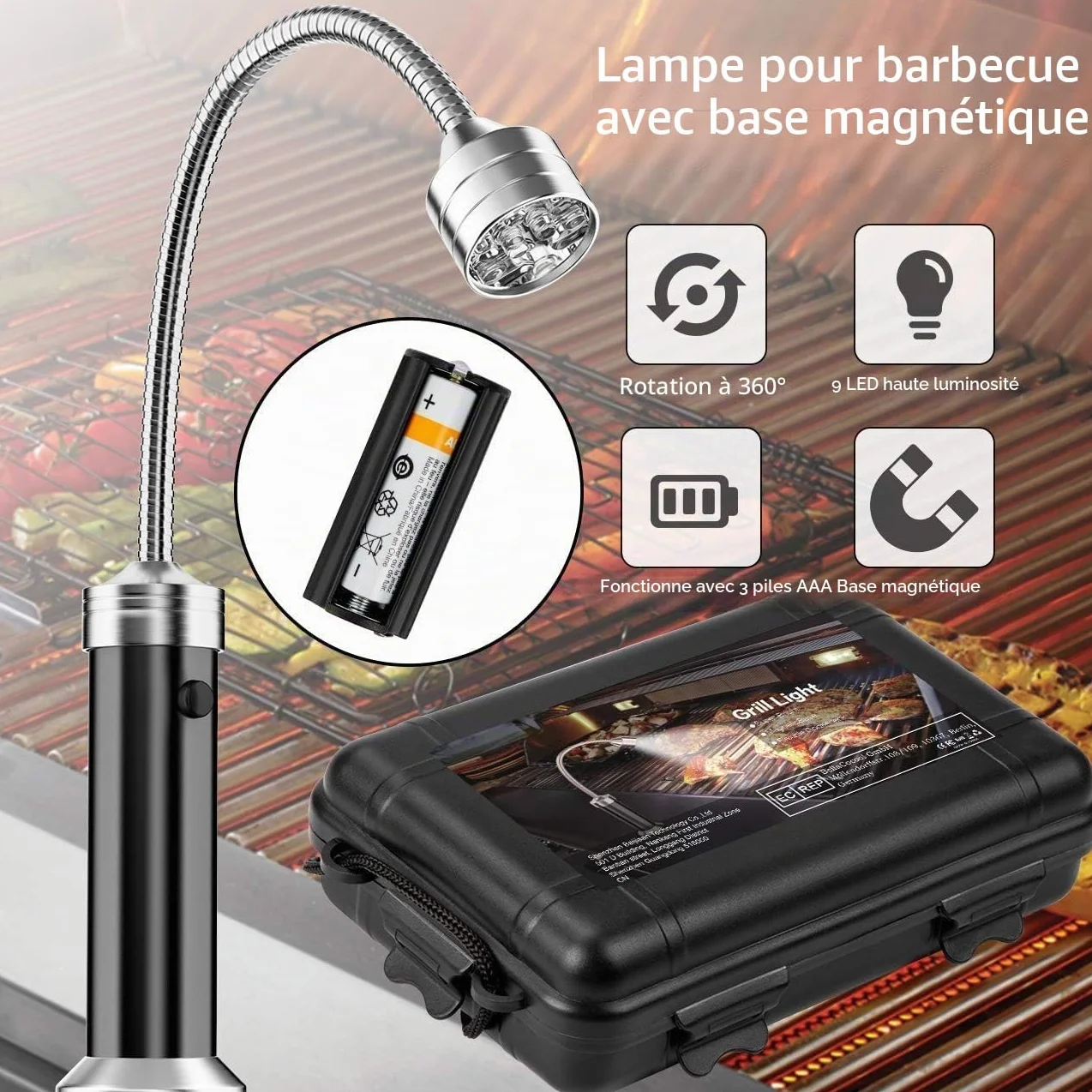 Lampe pour Barbecue LED Lot de 2 avec Base Magnétique Rotation 360° Flexible Réglable