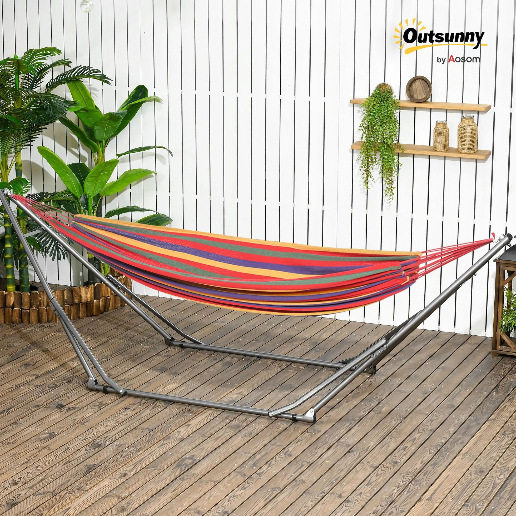 Outsunny Support de Hamac Pliable, Cadre Portable 2-en-1 Réglable en Acier, pour Camping Extérieur, Noir