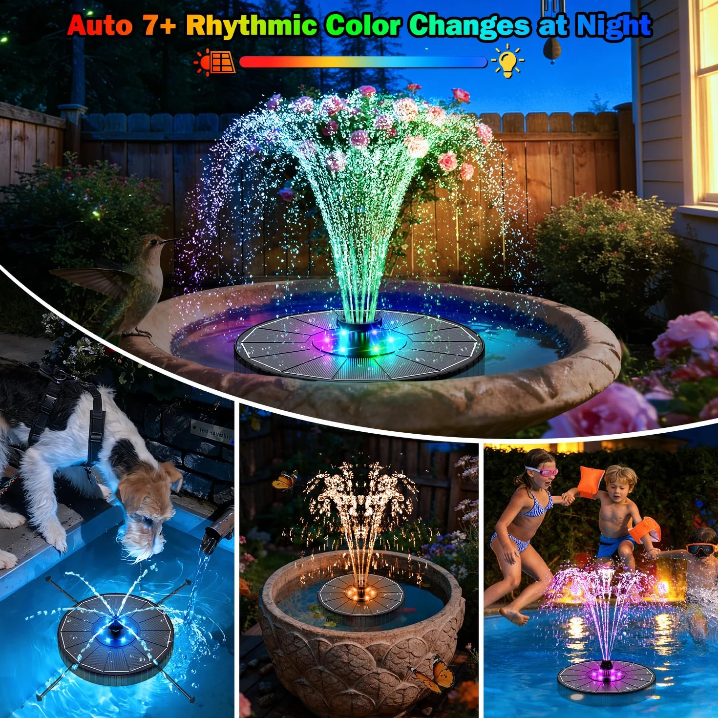 Fontaine Solaire LED Colorée 3.5W Extérieur Flottante Pompe Bassin Solaire 3 Modes Réglage Hauteur d’Eau 2000mAh Batterie avec 7 Buses&Barres Rotatives Jardin Noir