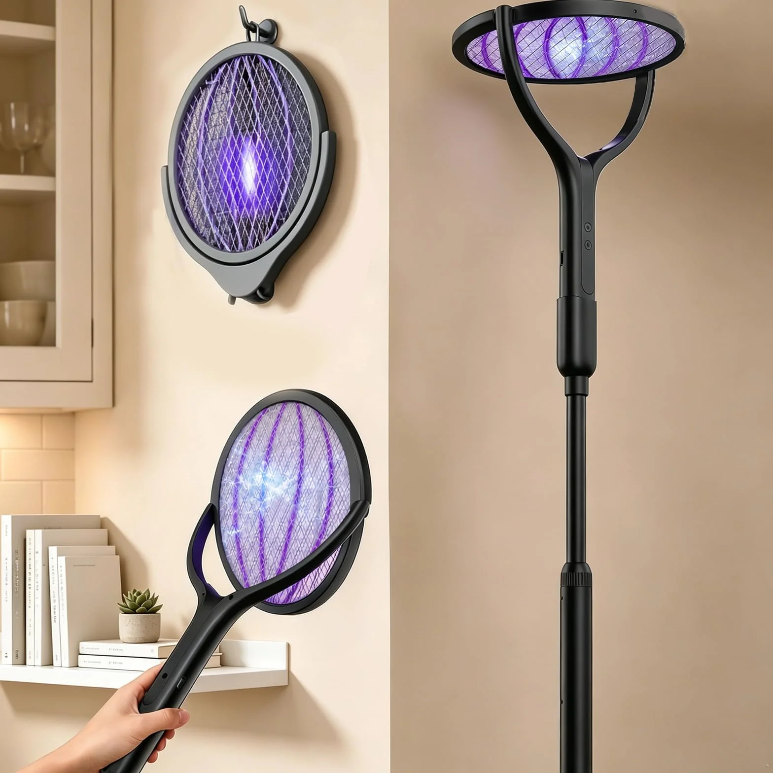 Tapette à mouches électrique 2800 V 4 en 1 avec lumière UV, poignée rotative 360° et télescopique