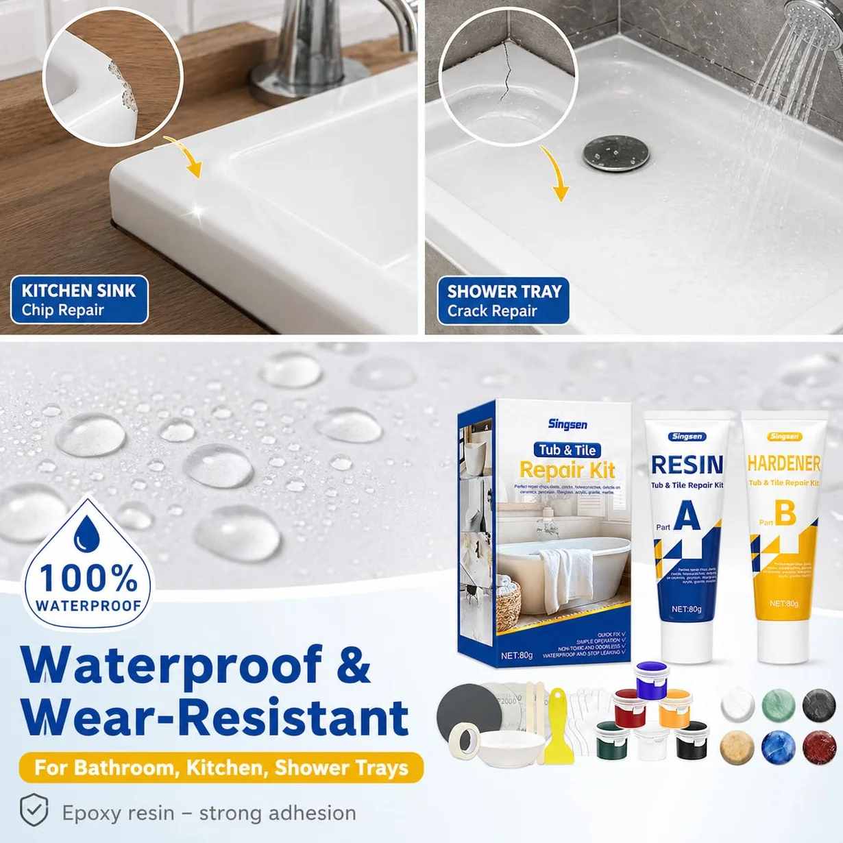 Kit Reparation Carrelage, Comble Fissures, Trous, Rayures Et Éclats Dans Les Salles De Bains Et Les Cuisines. Convient Au Marbre, À La Et Aux Surfaces Dures. Disponible En Plusieurs Couleurs.