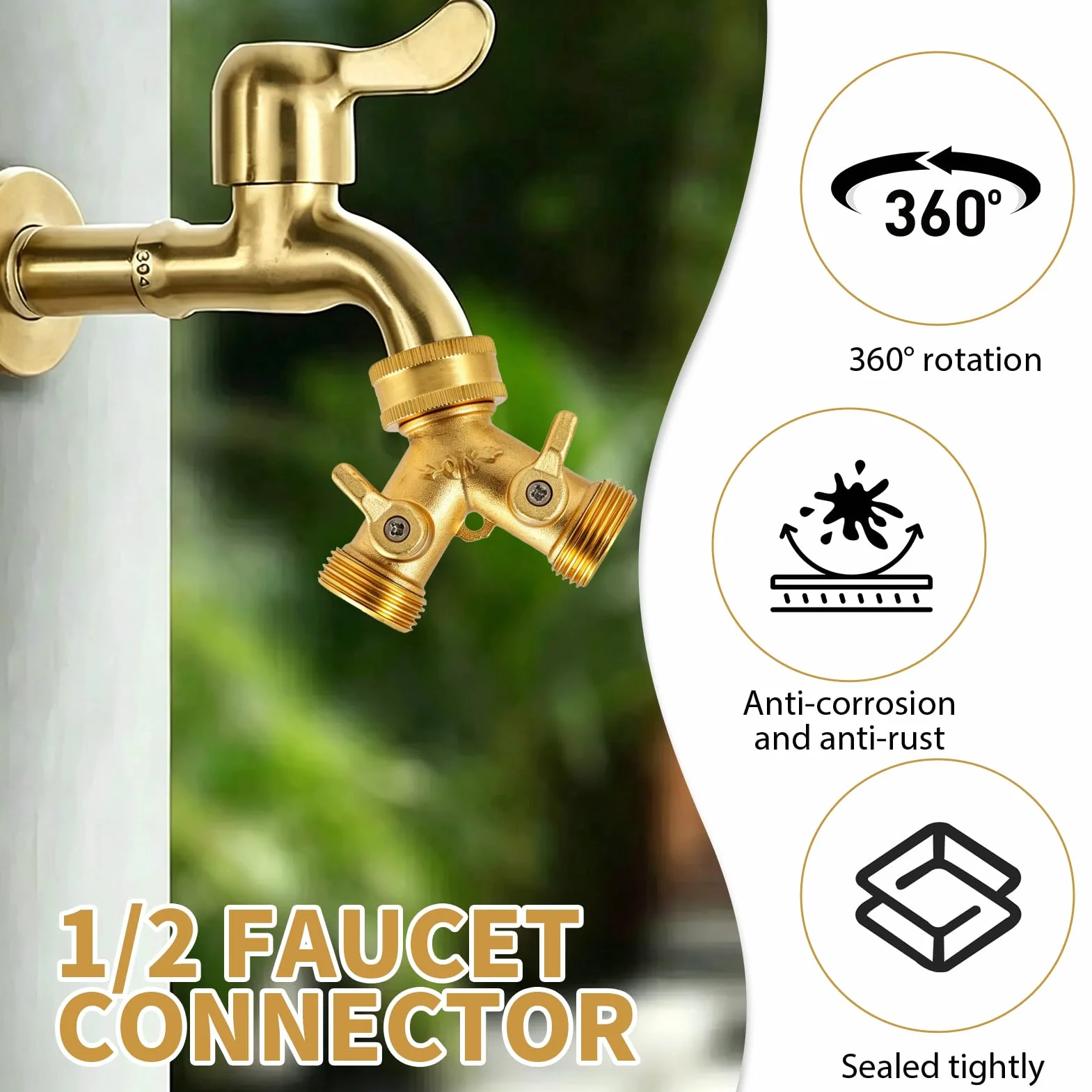 Robinet Double Sortie en Laiton avec Vannes Indépendantes, Répartiteur d'Eau Antifuite pour Arrosage et Jardinage