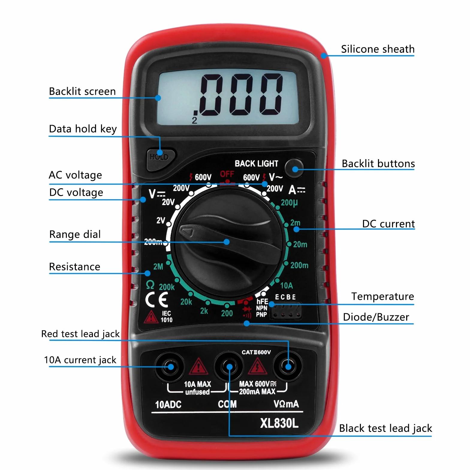 Multimètre Numérique Portable, Testeur Électrique avec écran LCD et rétroéclairage bleu,Mesure La Tension CA/CC, Ohmmètre, Courant CC, Résistance, Continuité, Diode, La batterie ne comprend pas