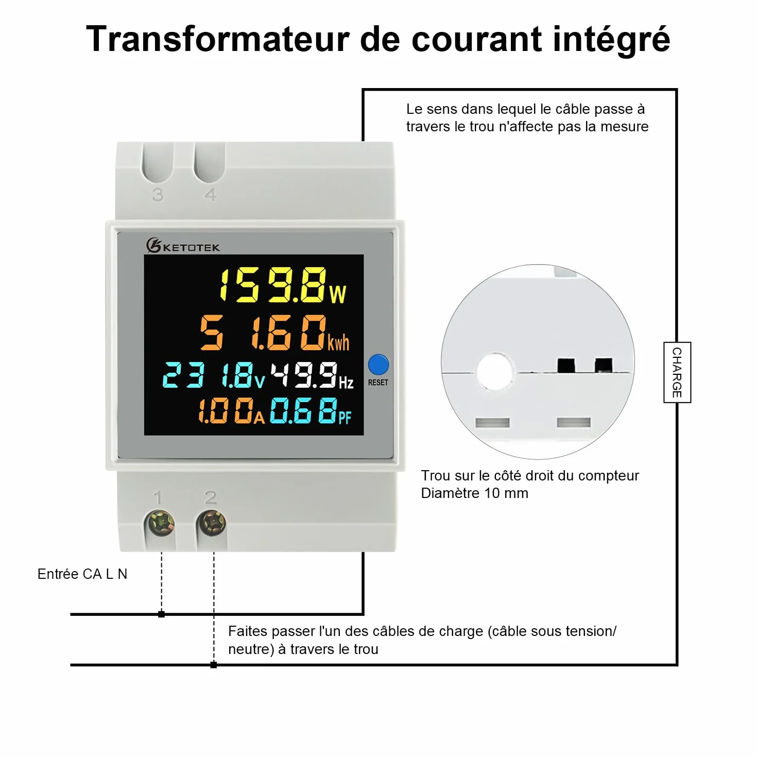 KETOTEK Compteur d'énergie monophasé Compteur d'électrique numérique AC 40-300V 100A Compteur Electrique 1 Phasé Wattmètre Rail DIN Mètre Watt KWh Voltmètre Ampèremètre