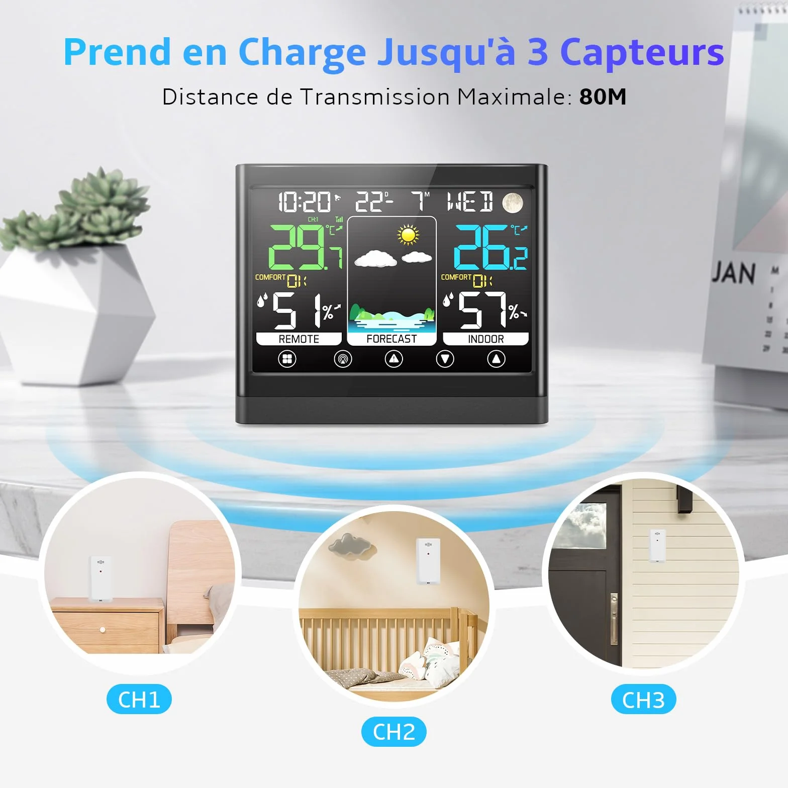Station Météo Intérieur Extérieur Sans Fil avec Capteur Thermomètre Hygromètre LCD Écran Couleur Alerte Température Prévisions DCF Radio