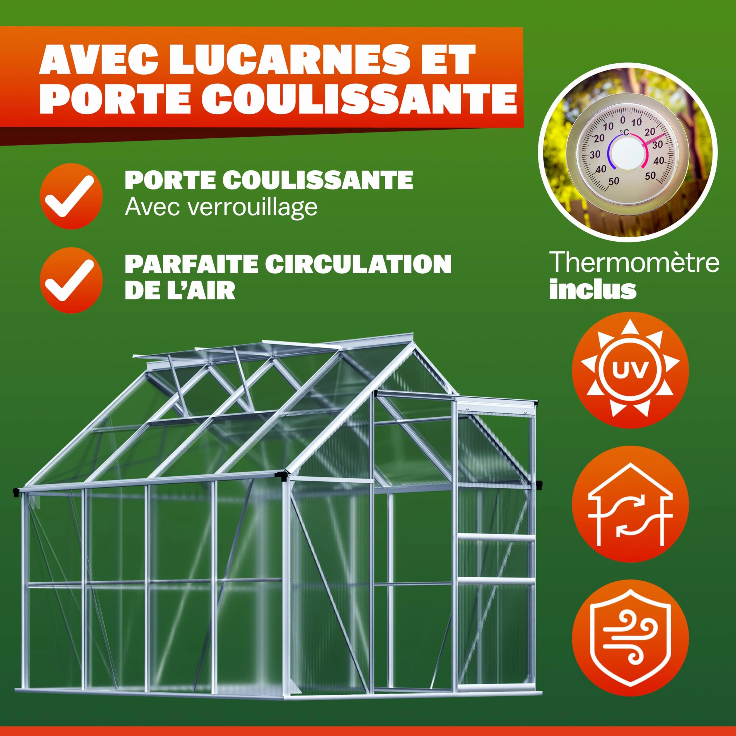 Serre de Jardin Aluminium Polycarbonate 4,8m² 250x190cm 2 Lucarnes Structure Stable