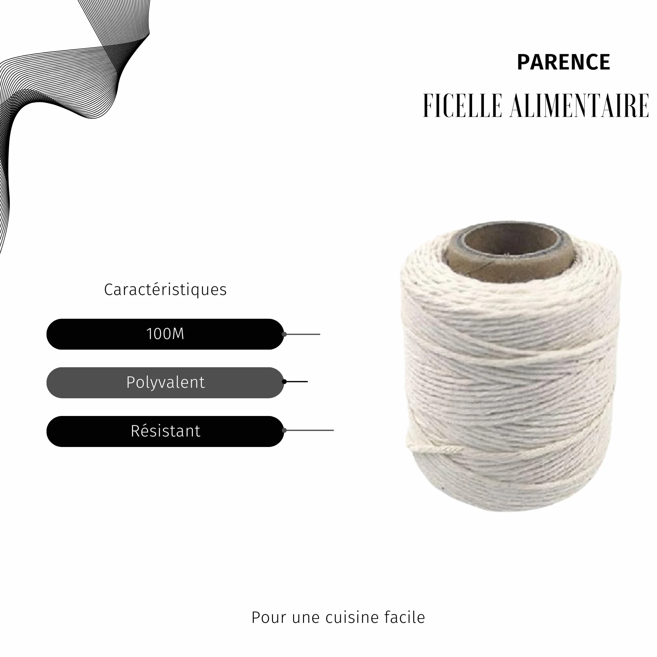 PARENCE.- Ficelle Alimentaire 100m Résistante/Fil de Cuisine Polyvalent Facile à Manipuler - Qualité Alimentaire, 100m, Blanche