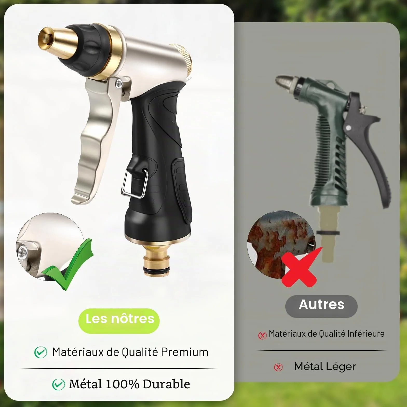 Pistolet d'Arrosage Haute Pression avec Buse en Laiton Réglable pour Nettoyage Voiture Jardin