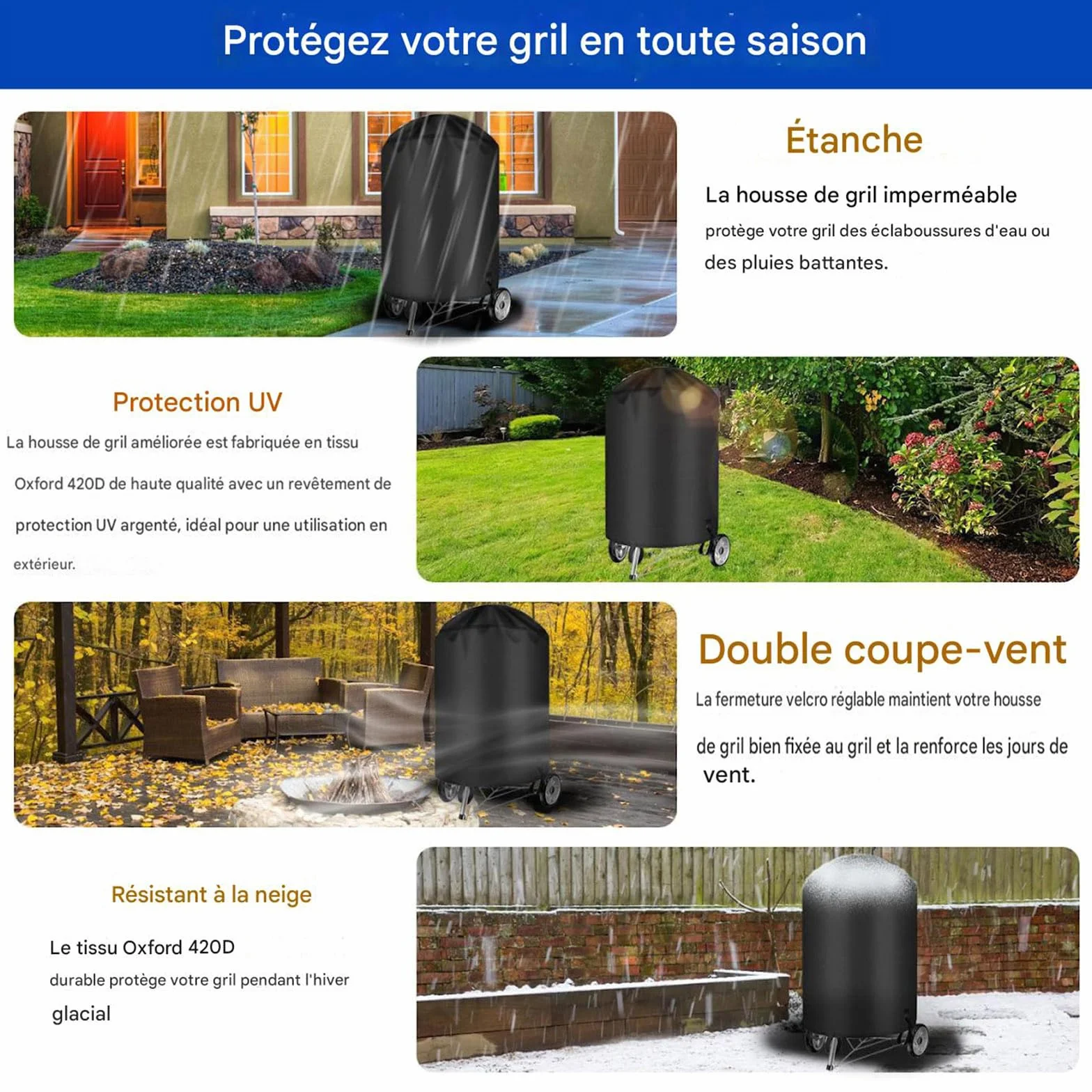Housse de Protection pour Barbecue Weber 57 cm, 600D Oxford imperméable, Ø71x68 cm