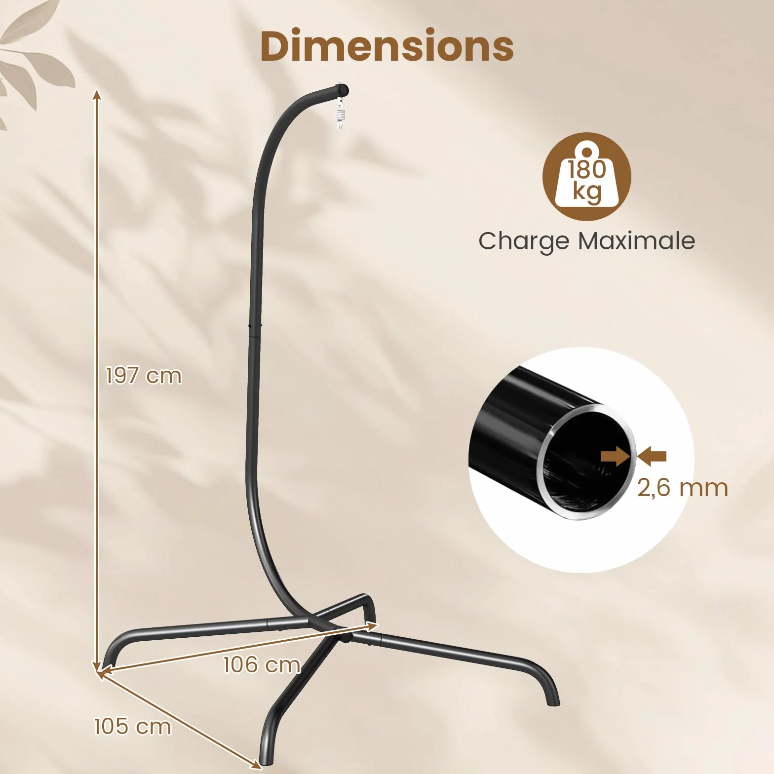 GOPLUS Support Hamac Exterieur Métal Robuste Pied Fauteuil Suspendu Forme C Crochets Ressort Charge 180 KG Jardin Balcon