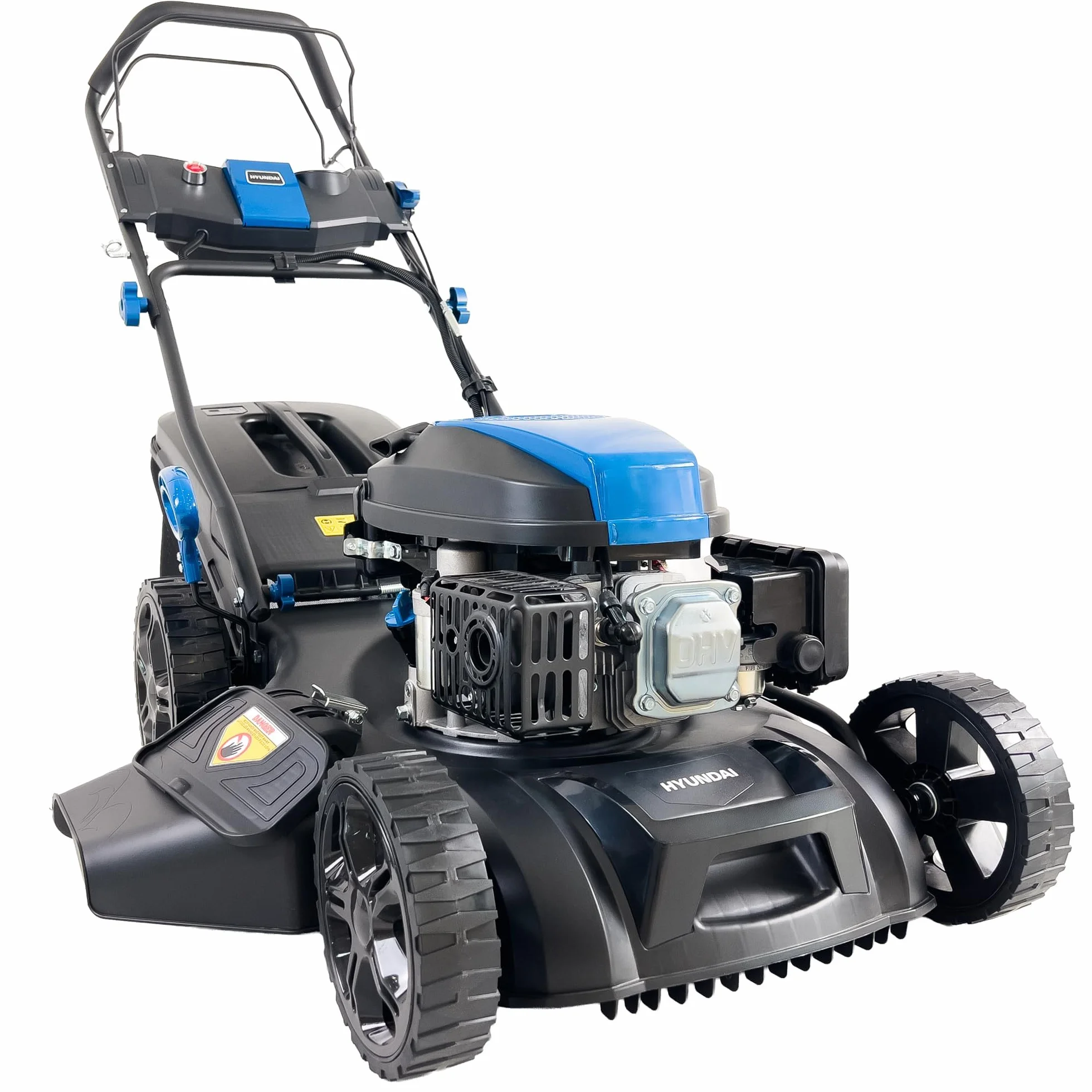 Hyundai Tondeuse à Gazon Thermique 51 cm Autotractée Démarrage Électrique Moteur 4-Temps 196 CC 4-en-1 Mulching Bac 60 L