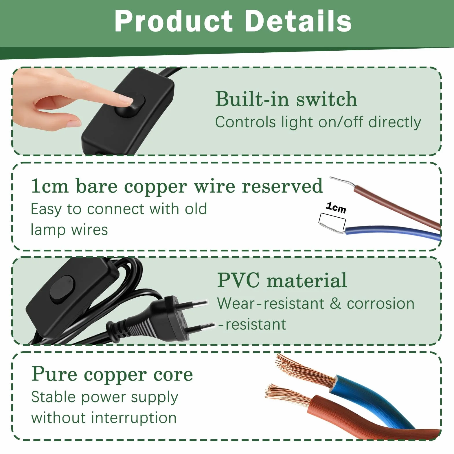 Lot de 3 Cordon Avec Interrupteur et fiche, Câble de raccordement avec prise 1,8 m, Câble avec interrupteur pour lampes, Lampes de table et applications domestiques, Prise avec interrupteur pour lampe